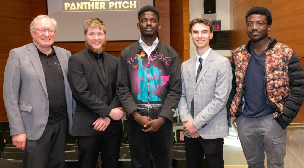 From left to right: H. Wade MacLauchlan (representing the family of Harry W. MacLauchlan) and 2023 winners Evan Hutchinson, Jerry Oriade, Matt Jelley, and Chinemerem Mbonu.