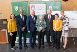 From left to right: Dr. Tina Saksida, associate professor and director of graduate programs, McDougall Faculty of Business; Dr. Tarek Mady, dean, McDougall Faculty of Business; Dr. Greg Keefe, interim president and vice-chancellor; Mrs. Marion McDougall; Dr. Don McDougall; Hon. Diane Griffin, chancellor; Ms. Myrtle Jenkins-Smith, executive director, Development and Alumni Engagement
